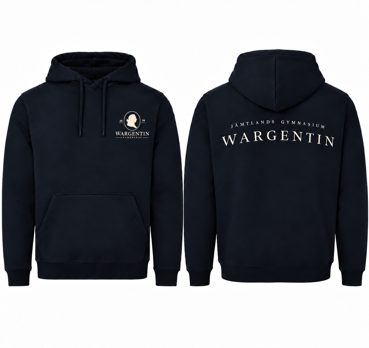 Marinblå Wargentin-hoodie visad framifrån och bakifrån med ljust skoltryck